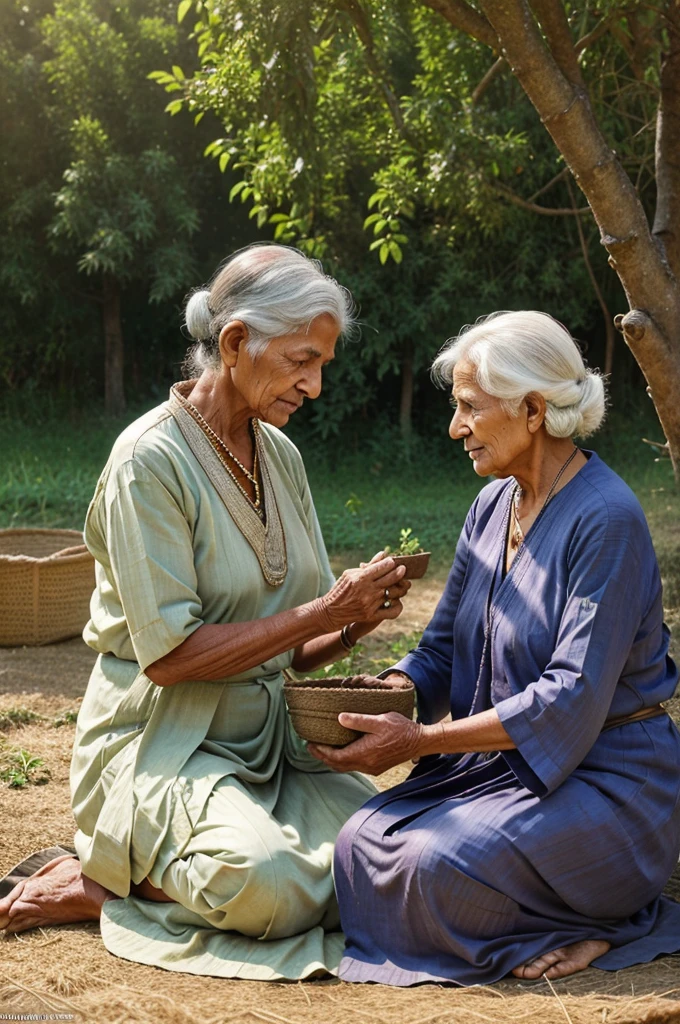 Some farmers sowing in the fields elderly people, peaceful Indian village discussion under trees, serene atmosphere, high quality, realistic, detailed faces, natural lighting, traditional village setting, detailed wrinkles, peaceful ambiance, aged characters, tranquil environment, detailed clothing, realistic skin textures, highres, ultra-detailed, traditional, Indian village, serene, natural lighting