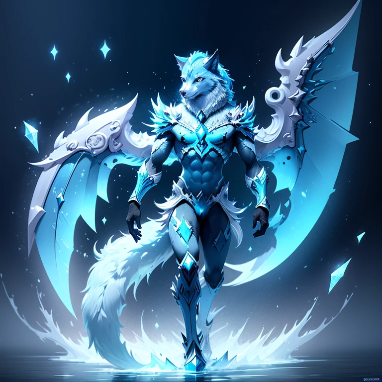 (1 wolf) full body, a blue eyes blue wolf, a winged four pointy fin ears water wolf with water and ice, ice feathers, ice wings, ice energy around, water background
