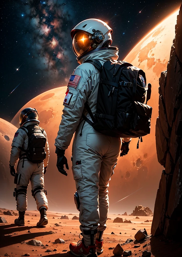 Create a painting depicting three astronauts walking at night on Mars. The scene should have a rocky terrain, with the Martian landscape illuminated by the dim light of distant stars and the astronauts' headlamps. The sky is dark and filled with stars, and the reddish hue of Mars' surface contrasts with the cold, dark night. The astronauts' suits should have reflective details that catch the light, adding a sense of realism and depth to the scene