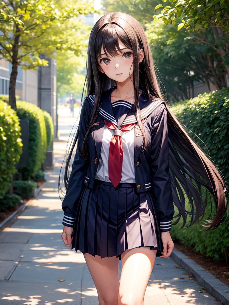 Brunette Girl, long straight hair, Navy Seifuku, school corridor background, slanted nose, innocent face