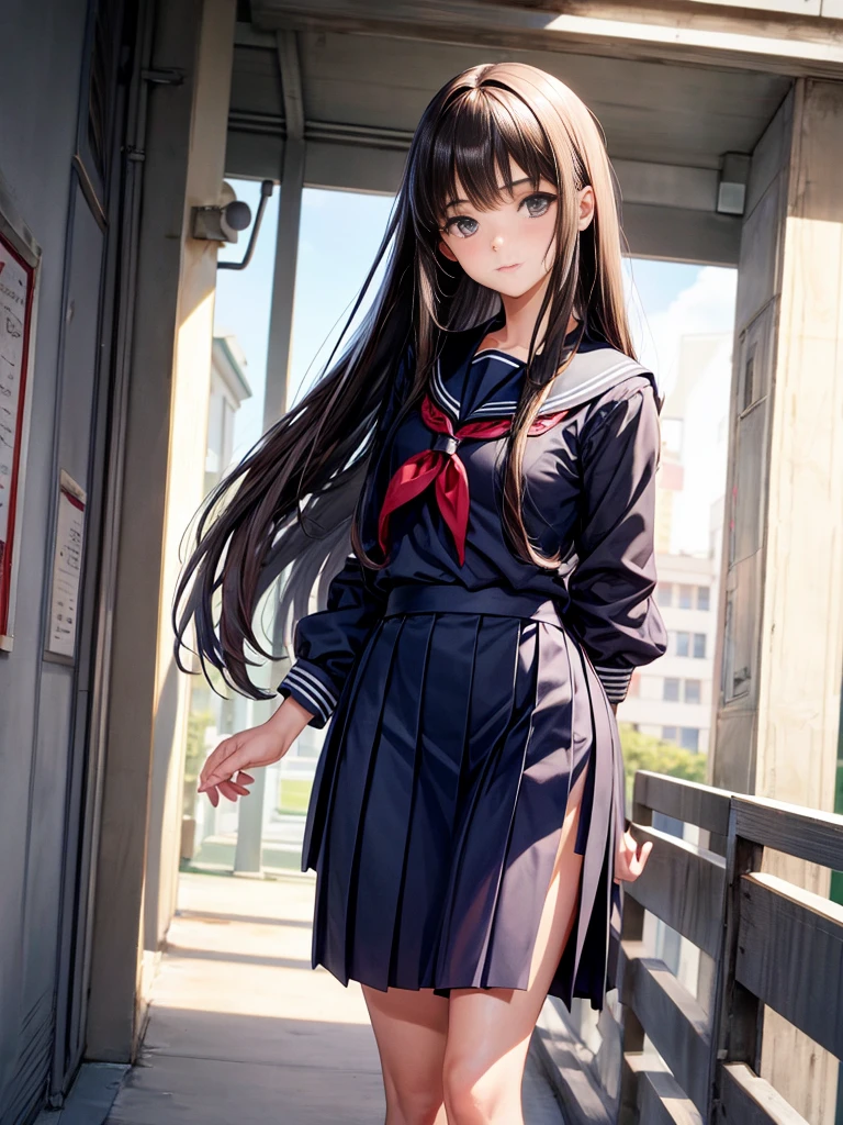 Brunette Girl, long straight hair, Navy Seifuku, school corridor background, slanted nose, innocent face
