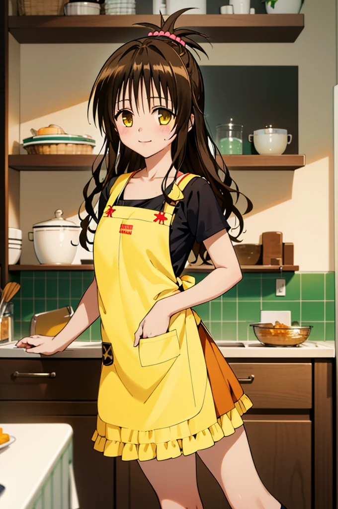 (best quality:1.1), (masterpiece:1.4), (absurdres:1.0),
1girl, yuuki mikan, brown hair, yellow eyes, hair ornaments, long hair, topknot, wavy hair, small breasts, apron, looking at viewer, kitchen, indoors, happy,,miniskirt,socks