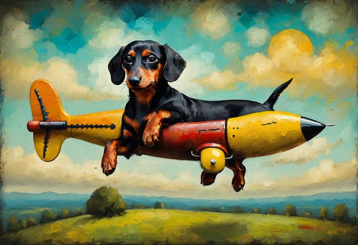 [top view] funny flyer Dachshund  stimpunk ( stile by Andy-Kehoe), very colorful, ((oil painting palette knife)), ((masterpiece)), extreme detail, perspective, 8k