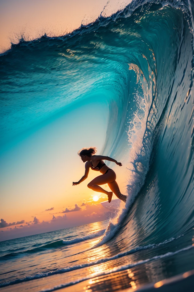 "A surfer is riding a large, tubular wave at sunset, on a paradisiacal beach. The scene shows the natural beauty around, with golden sands, coconut trees swaying in the wind and the crystal blue ocean that merges with the orange sunset sky. The main focus is the tubular wave, captured at the moment the surfer is inside the tube, but the surfer is not detailed in the foreground, keeping it more of a silhouette figure. The image conveys a feeling of freedom and serenity, with an emphasis on the raw beauty of nature."