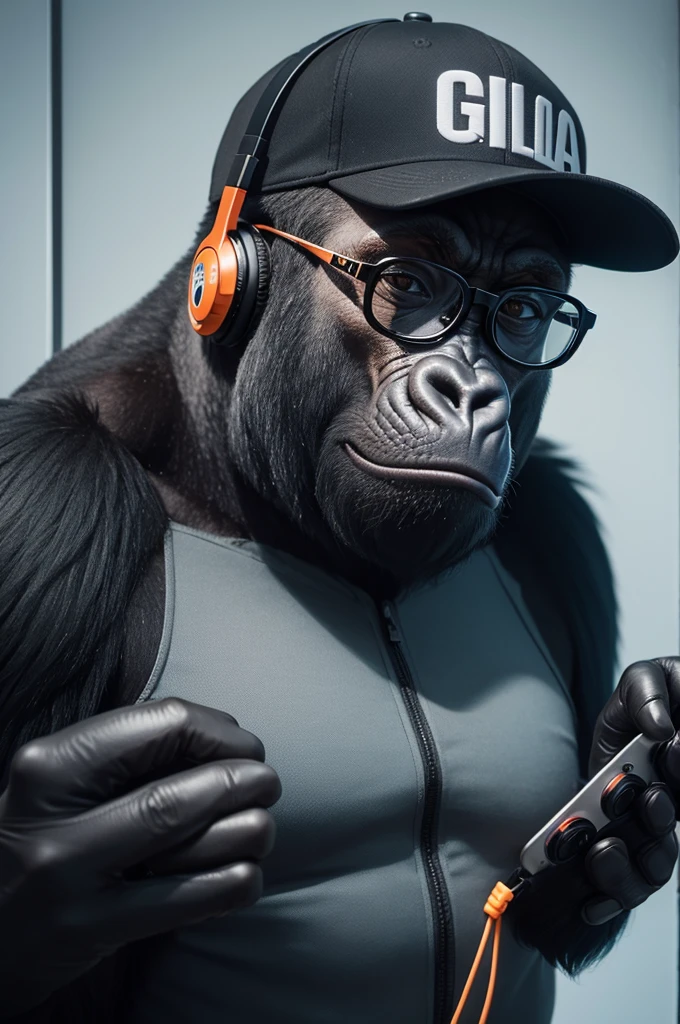 gorilla with glasses, cap and headphones