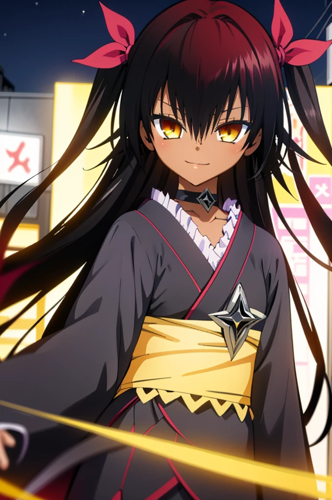 best quality, masterpiece, portrait, 1girl, aster nemesis, dark-skinned female, black hair, very long hair, yellow eyes, flat chest	kimono, obi, ribbon, twin tails, looking at viewer, outdoors, city, night, smile, 
