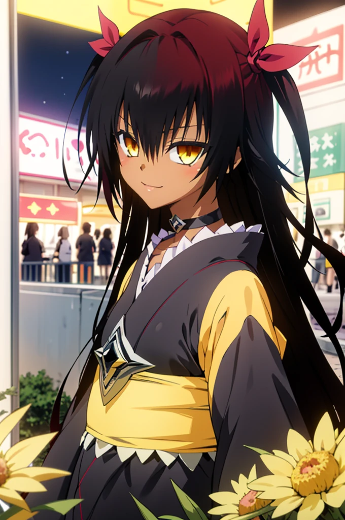 best quality, masterpiece, portrait, 1girl, aster nemesis, dark-skinned female, black hair, very long hair, yellow eyes, flat chest	kimono, obi, ribbon, twin tails, looking at viewer, outdoors, city, night, smile, 
