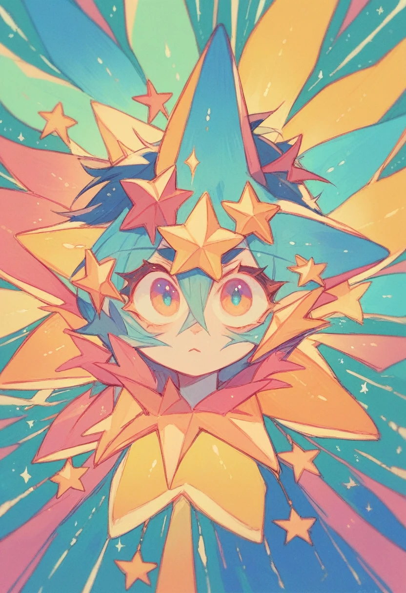 Make a colorful 3D star with colorful rays in the background 