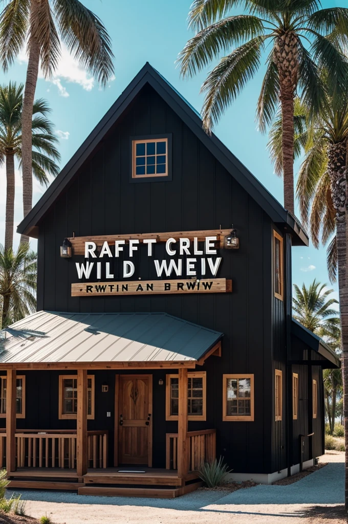 a black cabin with windows and shady palm trees, that says Craft Brewery with wild letters, all with drawing style