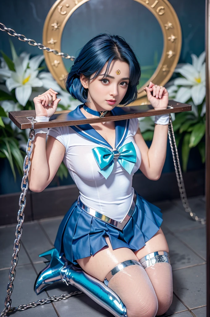 Masterpiece, Top Quality, Ultra High Resolution, (Realistic), RAW Photo, Octane Render, Wearing Sailor Mercury outfit, Restrained in pillory, ((Pillory 1.5)), Stainless steel pillory, Flail on head, Flail on hands, Flail on feet, Defeated, Hopeless, Mature, (36 years old), Plump face: 1.2, Sexy, Top Quality, Very detailed, Very accurate, Mature, (36 years old), Plump face: 1.2, ((Wearing Sailor Mercury outfit, Restrained)), ((Pillory, Stainless steel restraint table)), (Detailed Sailor Mercury outfit), ((Blue sailor collar, Blue mini pleated skirt, Exposed thighs, Long gloves, Blue long boots, Stiletto heels, Choker, Tiara)), (((Shiny outfit))), Bright blue hair: 1.3, Large  Eyes: 1.3, droopy eyes: 1.2, heavy eye make-up: 1.3, large breasts: 1.1, small eyes: 1.4, looking at the viewer: 1.2, dungeon, prison: 1.5