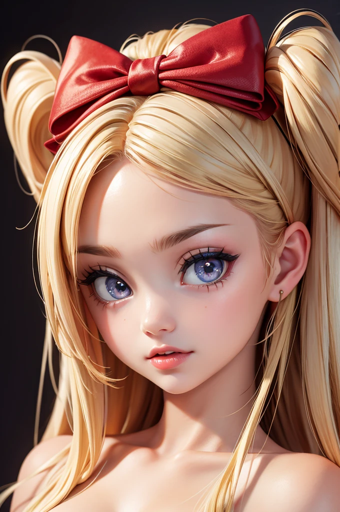 hyperrealistic 14 year old american teen, blonde, perfect tiny body, sexy, dark makeup, perfect slim face, big red lips, very cute face, tiny body, big eyes, young looking, childish looking