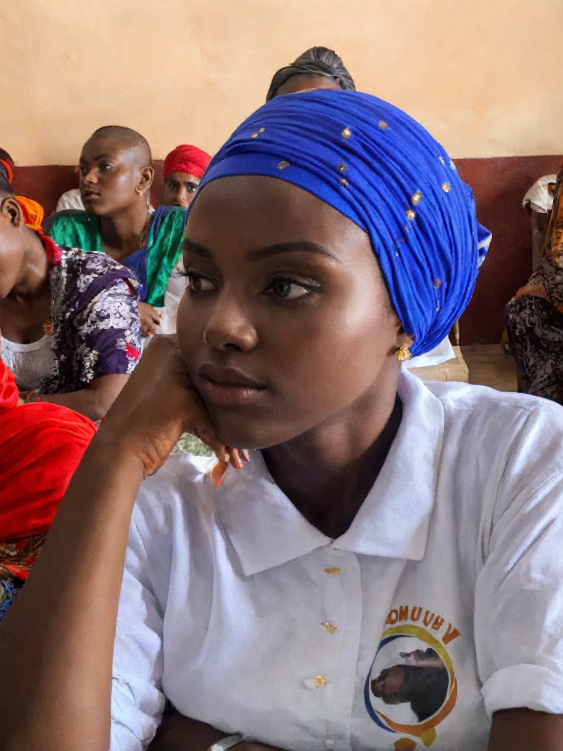there are many people sitting in a room with one woman wearing a turban, marvelous expression, beautiful girl, beautiful lady, in profile, side portrait of a girl, serious focussed look, amazing beauty, deep in thought, profile close-up view, student, looking content, side profile view, close up shot from the side, close - up profile, beautiful image