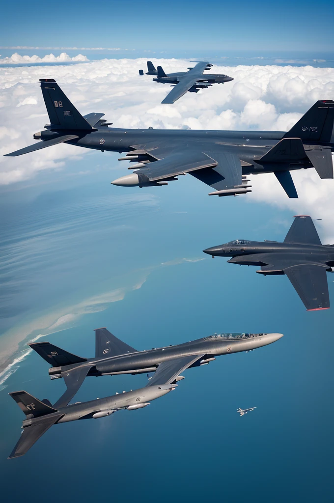 Several B52 bomber planes flying over the Pacific Ocean 