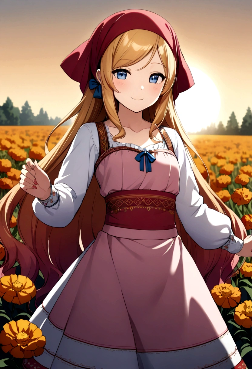 golden orange hair, gradient hair, very long hair, swept bangs, sidelocks, curly hair, wavy hair, (((((head scarf))))), head bandana, pink apron, flower in hair, marigold, orange flower, blue eyes, dirndl, pink dress, pink dirndl, long sleeves, waist apron, white apron, bow on waist, blue bow, , polish clothing, Slavic clothing, Hungarian clothing, anime, cute, full body, white leggings, black shoes, flat chest,, smile, sun, sunshine