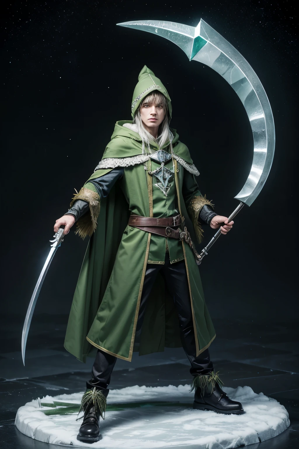 Man dressed in a green wizard outfit, holding an ice scythe