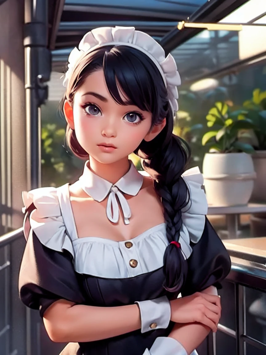 ((Floral Style)), (Advent), (One girl), (((alone))), (Realistic:1.5), Particles of light, light, Victorian, (Best illustrations), photoRealistic, Octane Rendering, 8K, Neon Light, Flying Car, Detailed face, Fine grain, ((Maid)), Maid headband, Long braids, Very long hair, Black Hair, Brown eyes, (Sharp eyeliner, eye shadow, Fine grain:1.1), (Urzan-6500), Model pose, (Are standing), (Outdoor), noon, Public place, indoor, (Greenhouse in the background), Blake G36  