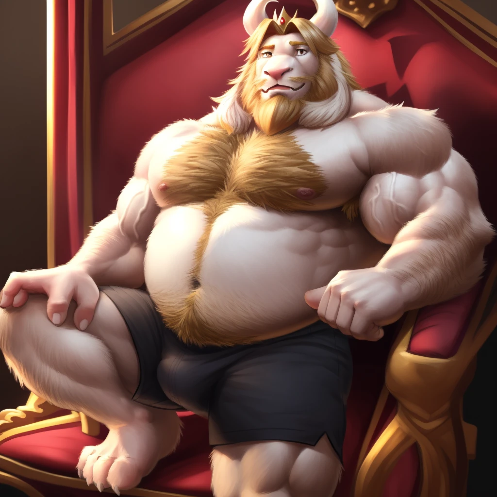 (by lindong, by null-ghost), throne room scenery, looking at viewer, regal, black cloth shorts, bulge, (uplight, highly detailed facial features, detailed symmetrical eyes, bright pupils, detailed face, multicolored eyes:1.0), (masterpiece), (extremely detailed illustration), (soft shading), 8k, hi res, best quality, giant body:1.8, wide body:1.6, wide shoulders:1.5, huge pecs:1.8, big thick arms:1.6, big thick legs:1.6, big biceps:1.6, big belly, excessive huge muscle:1.6, huge buff muscle:1.4, big muscles:1.3, veiny muscle:1.3, thick thighs:1.6, massive size, handsome, muscular male anthro, solo, perfect anatomy, perfectly detailed teeth, five fingers, four toes, perfectly detailed hands, perfectly detailed feet, perfectly drawn legs, perfectly drawn arms, perfectly drawn head, masculine face, full body, detailed muscles, hairy, hairy chest, hairy belly, hairy arms, hairy shoulders, hairy legs, asgore, bara, belly, blonde hair