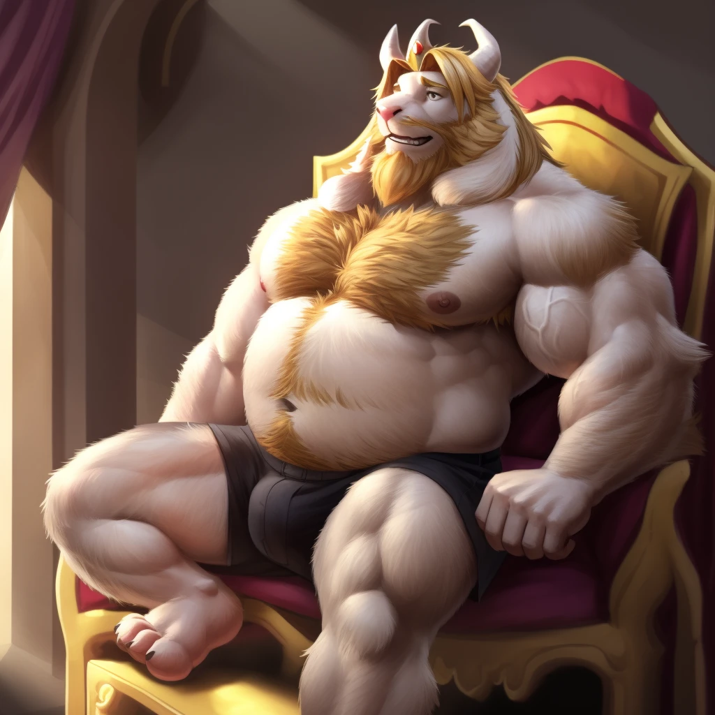 (by lindong, by null-ghost), throne room scenery, looking at viewer, regal, black cloth shorts, bulge, (uplight, highly detailed facial features, detailed symmetrical eyes, bright pupils, detailed face, multicolored eyes:1.0), (masterpiece), (extremely detailed illustration), (soft shading), 8k, hi res, best quality, giant body:1.8, wide body:1.6, wide shoulders:1.5, huge pecs:1.8, big thick arms:1.6, big thick legs:1.6, big biceps:1.6, big belly, excessive huge muscle:1.6, huge buff muscle:1.4, big muscles:1.3, veiny muscle:1.3, thick thighs:1.6, massive size, handsome, muscular male anthro, solo, perfect anatomy, perfectly detailed teeth, five fingers, four toes, perfectly detailed hands, perfectly detailed feet, perfectly drawn legs, perfectly drawn arms, perfectly drawn head, masculine face, full body, detailed muscles, hairy, hairy chest, hairy belly, hairy arms, hairy shoulders, hairy legs, asgore, bara, belly, blonde hair