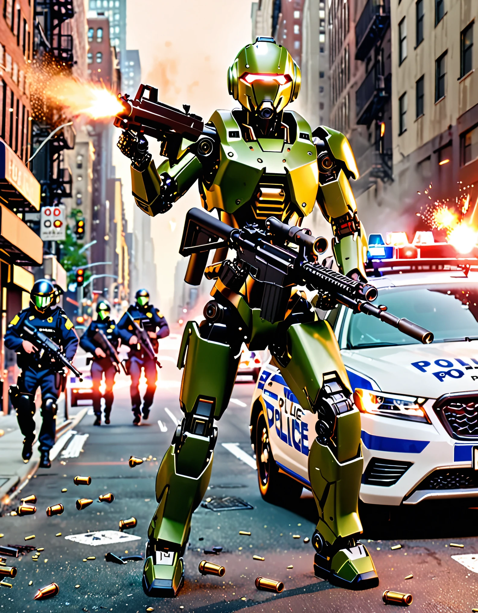 ((masterpiece), (best quality), (hires), humanoid cyborg, cyborg, no humans, green armor, (in front of a police car riddled with bullets), new york street backdrop, cowboy shot, front view, ((robot right arm with machine gun mounted on the hand, muzzle flash, shell casings coming from gun)), full body.
