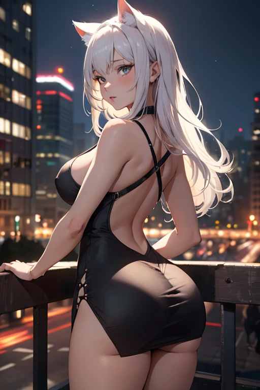 masterpiece, best quality, shadows, perfect hands, perfect legs, perfect anatomy, pretty face, mature features, 1 girl, 21 years old, mature woman, cat girl, sexy black dress, city night background, white long hair, thighs, ass, breast, seductive, spicy, posing, cinematography lights,