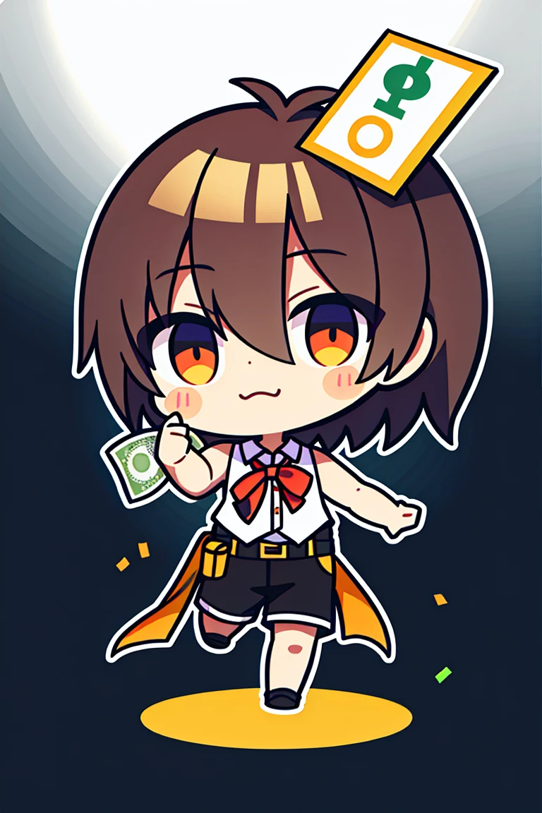 He holds in his hands two pistols, money, shorts, a sleeveless shirt, flying bills, throwing money, a cute little boy standing on one leg.