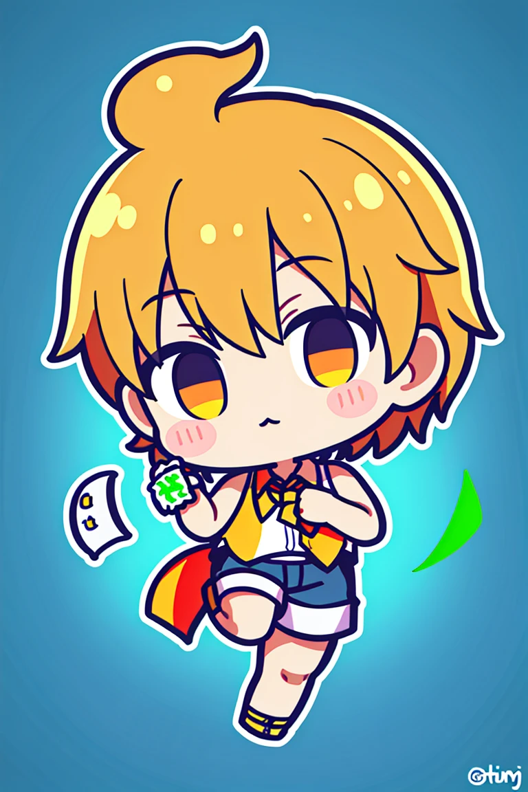He holds in his hands two pistols, money, shorts, a sleeveless shirt, flying bills, throwing money, a cute boy standing on one leg.