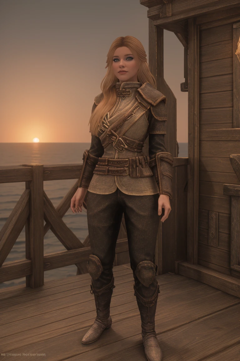full body shot of a stunning female Breton maiden stands poised on the weathered deck of a majestic ship at sunset in Skyrim. Her porcelain skin glows softly, illuminated by the warm rays of the rising sun. Delicate features and raven tresses frame her enigmatic smile as she gazes out to sea, the wind gently tousling her locks, blonde hair,female breton