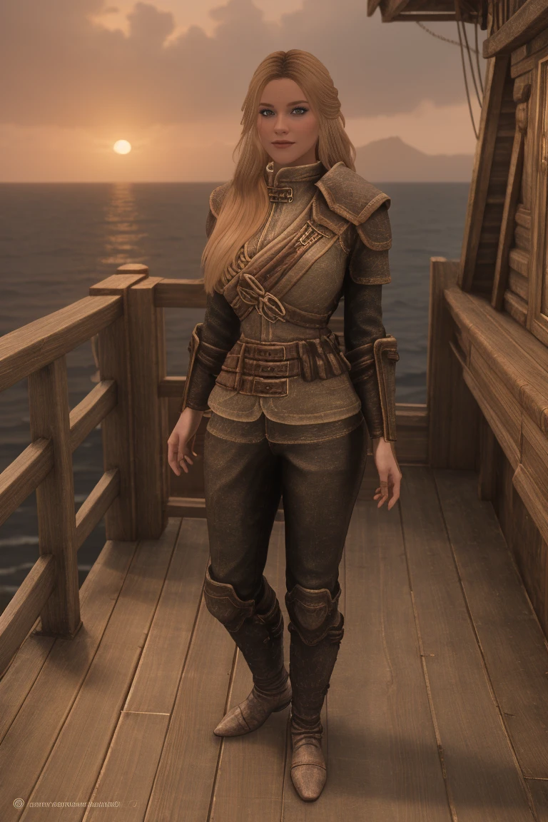 full body shot of a stunning female Breton maiden stands poised on the weathered deck of a majestic ship at sunset in Skyrim. Her porcelain skin glows softly, illuminated by the warm rays of the rising sun. Delicate features and raven tresses frame her enigmatic smile as she gazes out to sea, the wind gently tousling her locks, blonde hair,female breton