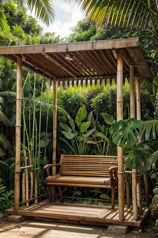 "Design a bus stop with a jungle theme. Use natural materials like wood and bamboo, add hanging plants, and murals depicting the flora and fauna of a tropical jungle."