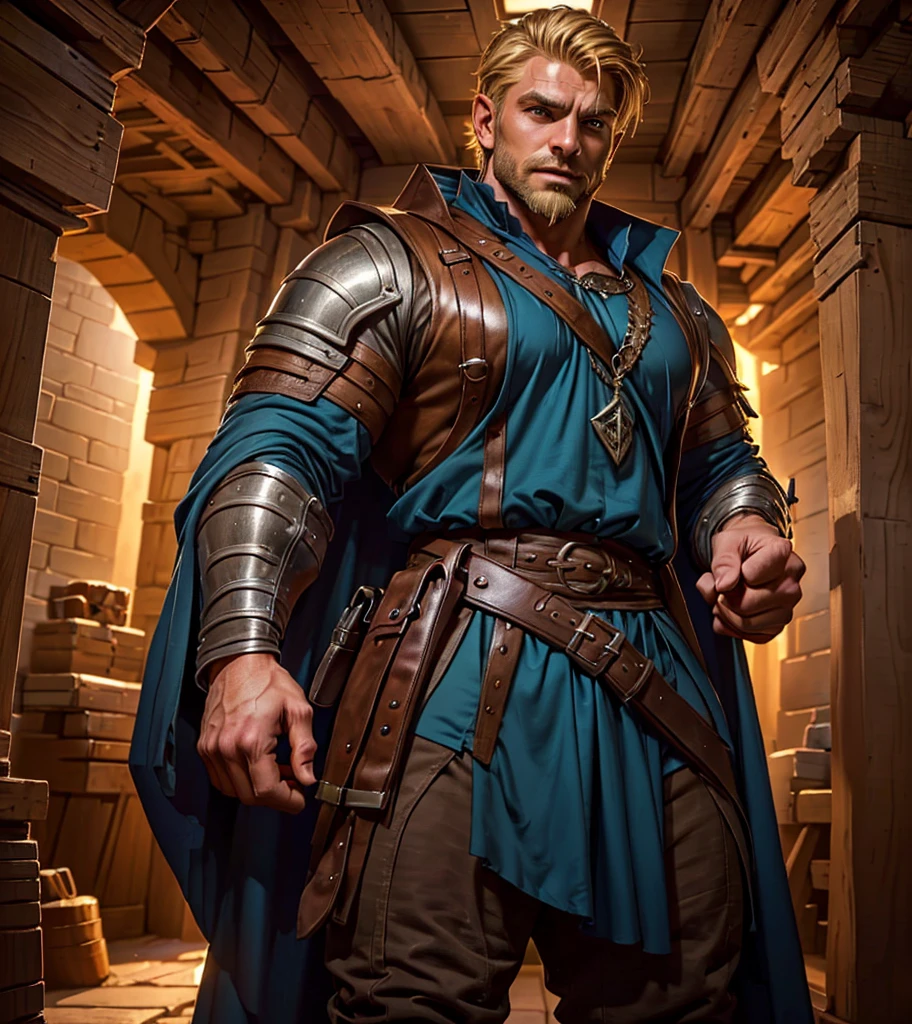 (((Solo character image.))) (((Generate a single character image.)))  (((Dressed in medieval fantasy attire.))) (((Very sexy facial expression.))) Generate a male fantasy character who is a good looking, handsome criminal.  He is a shifty and suspicious individual who is untrustworthy and somewhat sinister.  But he is a confidence trickster. Shoulder-length blond hair.  He looks like a dangerous man.  Handsome.  Intense stare.  He looks like a very sexy male villain for a fantasy setting.  (((Sexually attractive.)))  (((Looks like a sexy, muscular male model for a fantasy setting.)))