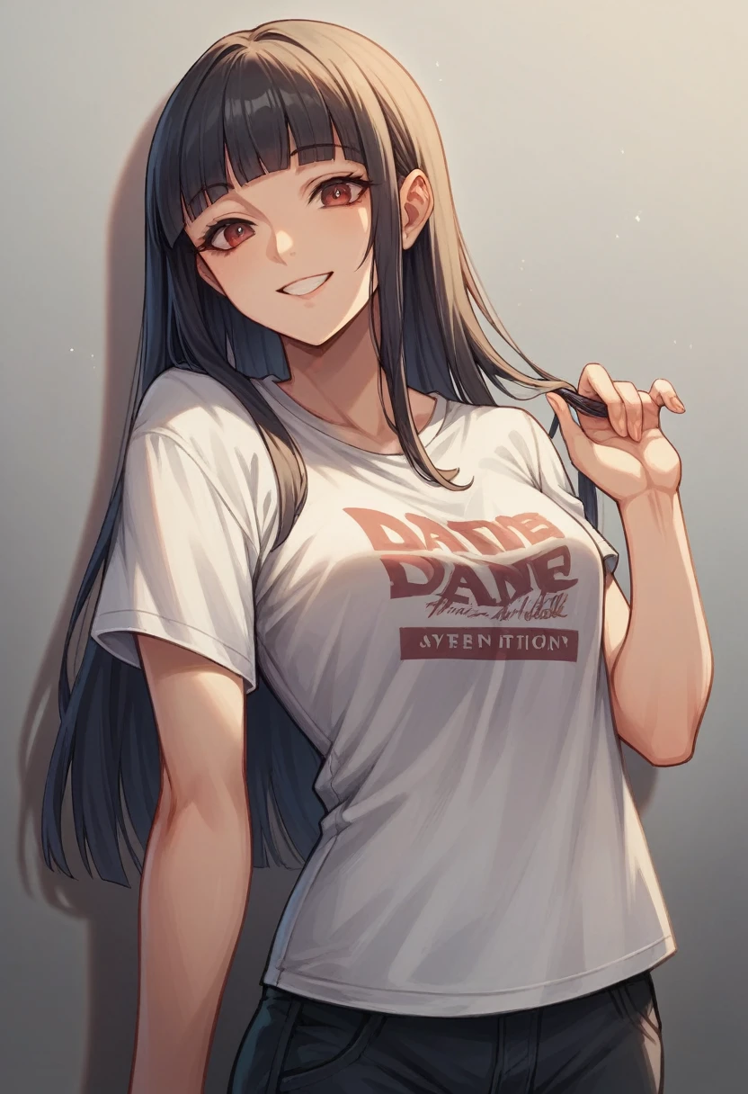 masterpiece, best quality,(lady),t-shirt,look at viewer,smile,blunt bangs,