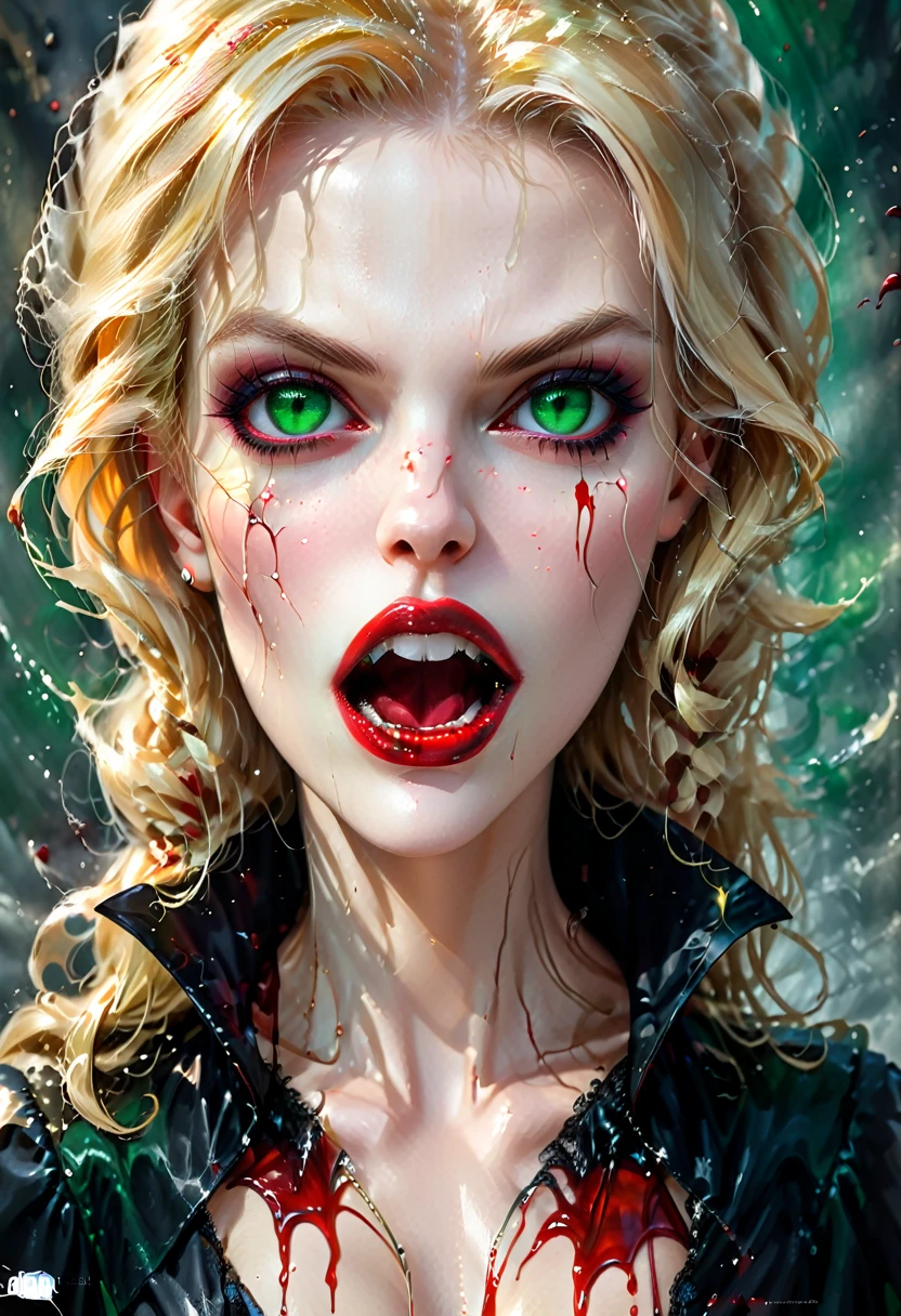 ((a photorealistic portrait of an exquisite, glamour female vampire: 1.5)) , pale face, blond hair, long vibrant shiny hair, glamorous hair, emerald green eyes, deep penetrating eyes, red lips, lustful lips, ((two vampiric fangs: 1.5), drops of blood dripping from the mouth, ((1920's style: 1.5)), (highest quality:1.2, Very detailed, up to date, Vibrant, Ultra-high resolution, High Contrast, masterpiece:1.2, highest quality, Best aesthetics), best details, best quality, highres, ultra wide angle, 16k, [ultra detailed], masterpiece, best quality, (extremely detailed), Genetically modified..., Cinematic Hollywood Film, traditional watercolor painting
