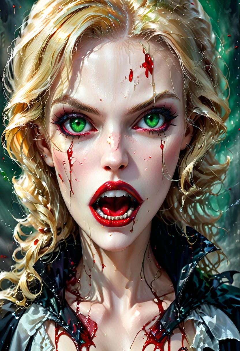 ((a photorealistic portrait of an exquisite, glamour female vampire: 1.5)) , pale face, blond hair, long vibrant shiny hair, glamorous hair, emerald green eyes, deep penetrating eyes, red lips, lustful lips, ((two vampiric fangs: 1.5), drops of blood dripping from the mouth, ((1920's style: 1.5)), (highest quality:1.2, Very detailed, up to date, Vibrant, Ultra-high resolution, High Contrast, masterpiece:1.2, highest quality, Best aesthetics), best details, best quality, highres, ultra wide angle, 16k, [ultra detailed], masterpiece, best quality, (extremely detailed), Genetically modified..., Cinematic Hollywood Film, traditional watercolor painting