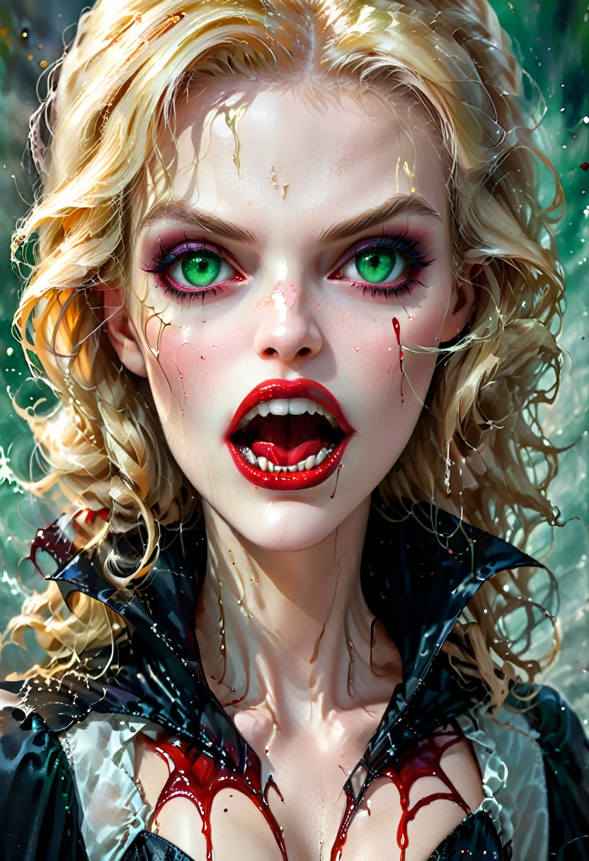 ((a photorealistic portrait of an exquisite, glamour female vampire: 1.5)) , pale face, blond hair, long vibrant shiny hair, glamorous hair, emerald green eyes, deep  eyes, red lips,  lips, ((two vampiric fangs: 1.5), drops of blood dripping from the mouth, ((1920's style: 1.5)), (highest quality:1.2, Very detailed, up to date, Vibrant, Ultra-high resolution, High Contrast, masterpiece:1.2, highest quality, Best aesthetics), best details, best quality, highres, ultra wide angle, 16k, [ultra detailed], masterpiece, best quality, (extremely detailed), Genetically modified..., Cinematic Hollywood Film, traditional watercolor painting