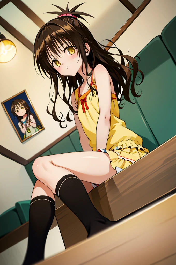 (best quality:1.1), (masterpiece:1.4), (absurdres:1.0), 
1girl, yuuki mikan, brown hair, yellow eyes, hair ornaments, long hair, topknot, wavy hair, small breasts, , looking at viewer, , indoors, angry,,miniskirt,socks
