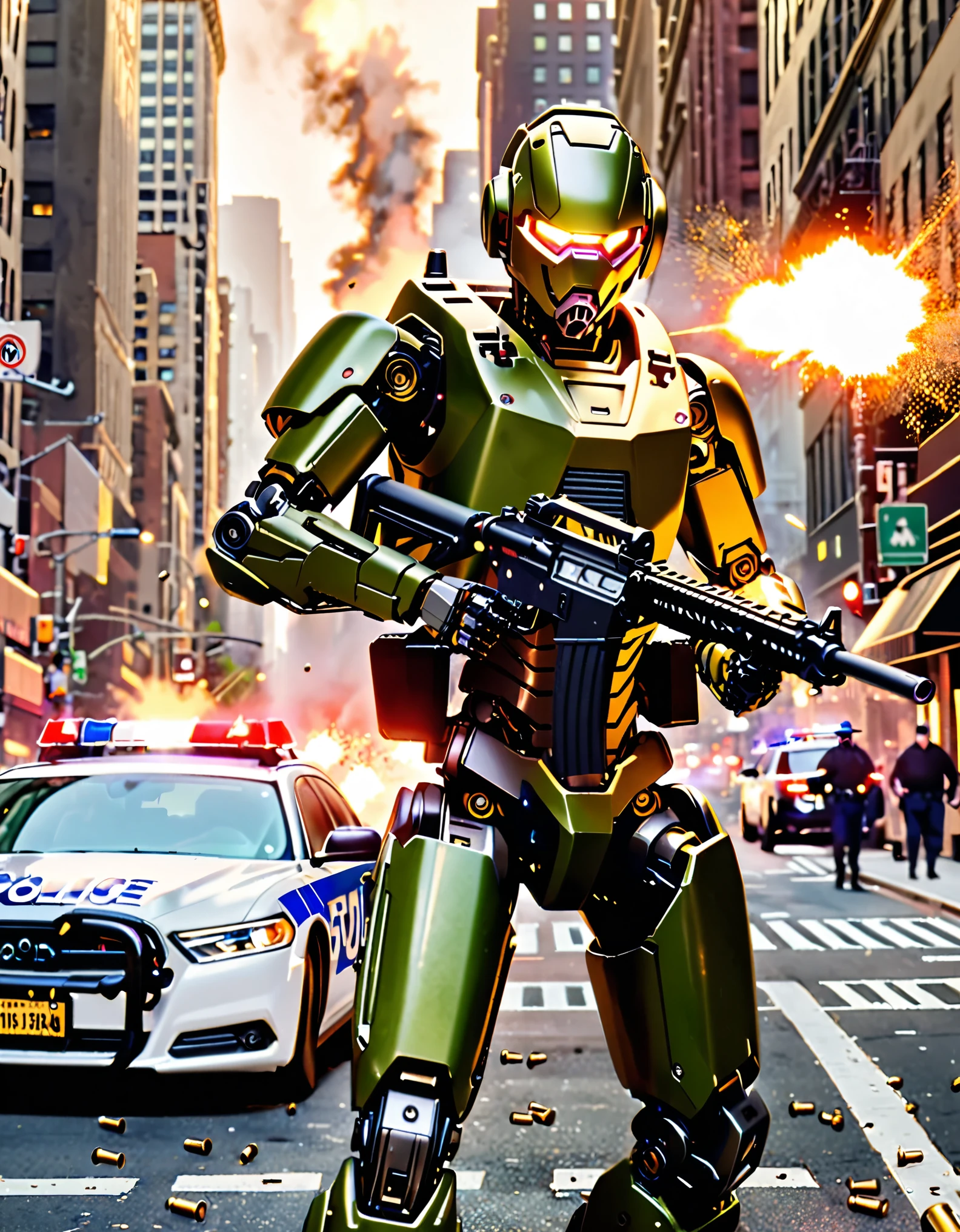 ((masterpiece), (best quality), (hires), humanoid cyborg, cyborg, no humans, green armor, (in front of a police car riddled with bullets), new york street backdrop, cowboy shot, front view, ((robot right arm with machine gun mounted on the hand, muzzle flash, shell casings coming from gun)), full body.