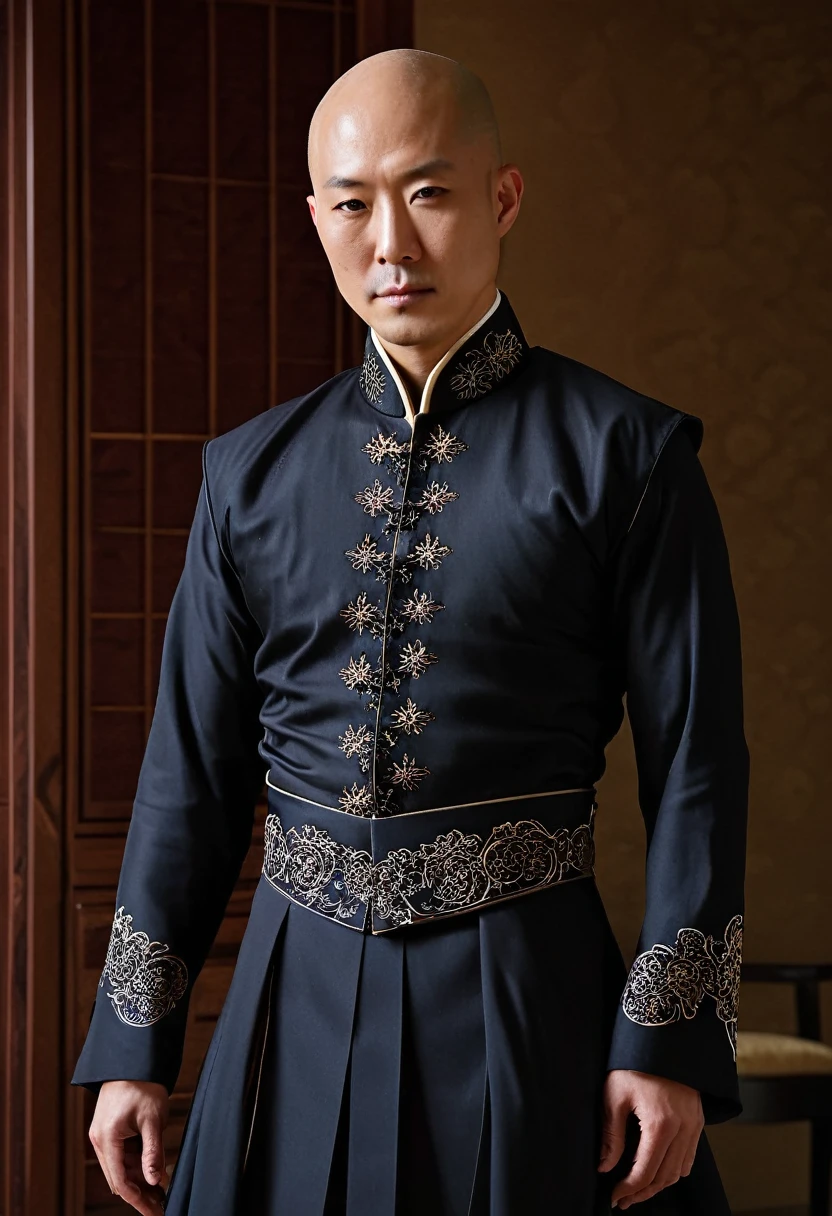 half body picture of a bald japanese model man, wearing an elegant western dress, in an elegant room