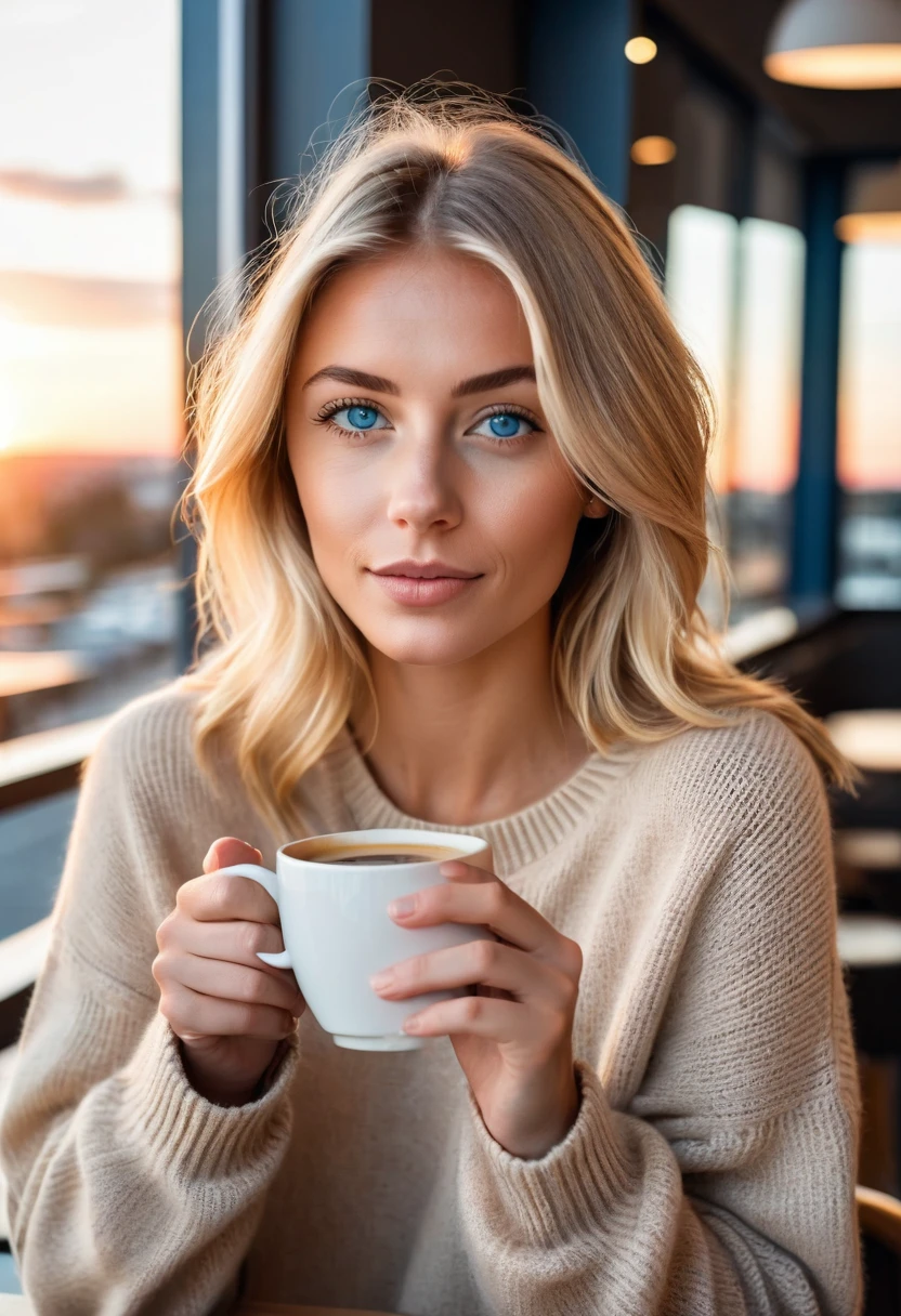 beautiful blonde wearing a beige sweater (Holding a cup of coffee in a modern cafe at sunset), very detailed, 20 ans, Visage innocent ovale, natural hair, blue eye, high resolution, head of'artwork, best quality, intricate details, very detailed, mise au point nette, detailed skin, texture de peau réaliste, texture, detailed eyes, professionnel, 4K, charming smile, filmed in Canon, 85 millimeters, shallow depth of field, Kodak Vision Color, corps parfaitement ajusté, extremely detailed, Photograph_\(ultra\), photorealistic, realistic, Post-traitement, Maximum details, roughness, real life, ultra realistic, photorealism, photographie, 8K UHD, photographie