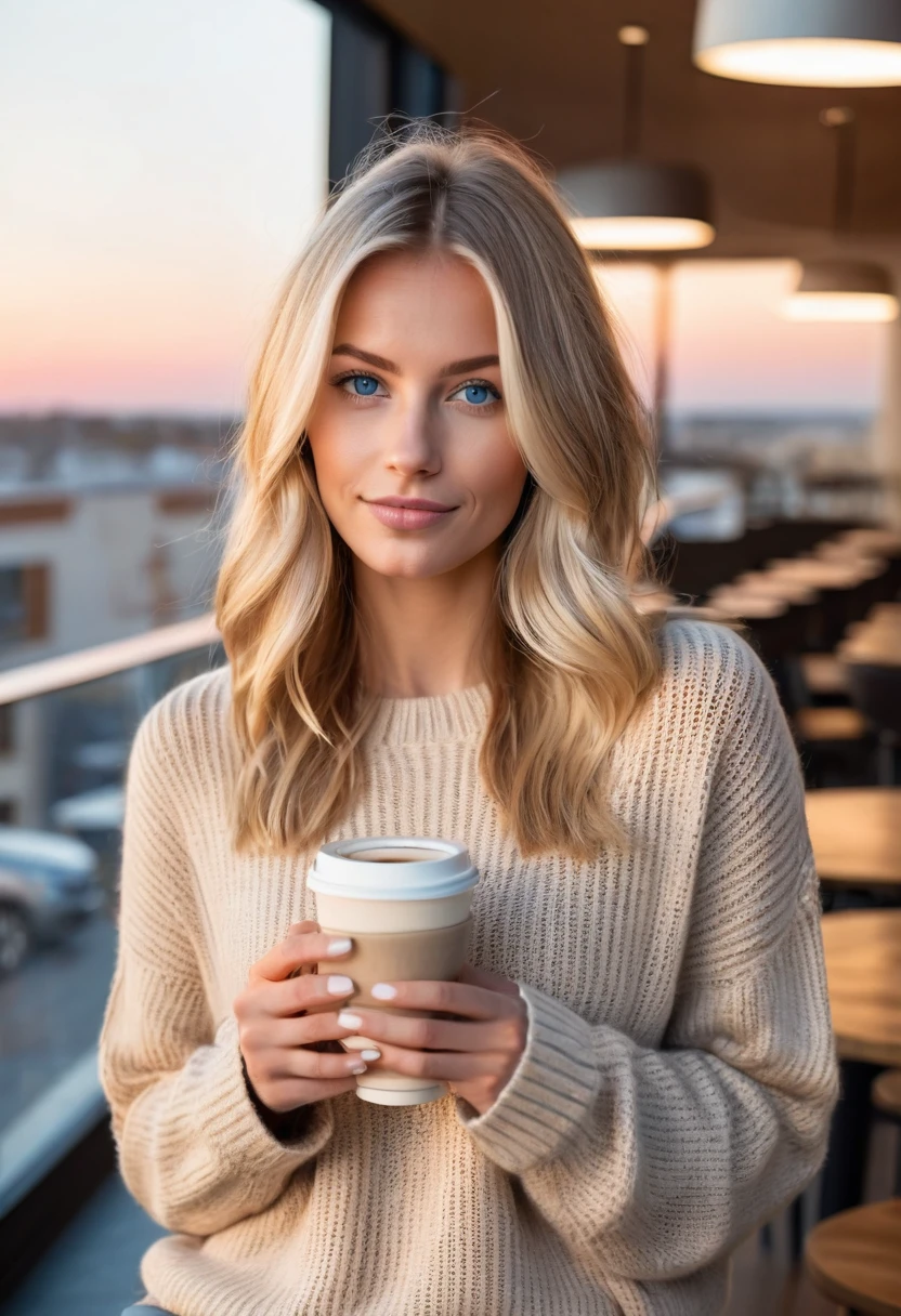 beautiful blonde wearing a beige sweater (Holding a cup of coffee in a modern cafe at sunset), very detailed, 20 ans, Visage innocent ovale, natural hair, blue eye, high resolution, head of&#39;artwork, best quality, intricate details, very detailed, mise au point nette, detailed skin, texture de peau réaliste, texture, detailed eyes, professionnel, 4K, charming smile, filmed in Canon, 85 millimeters, shallow depth of field, Kodak Vision Color, corps parfaitement ajusté, extremely detailed, Photograph_\(ultra\), photorealistic, realistic, Post-traitement, Maximum details, roughness, real life, ultra realistic, photorealism, photographie, 8K  UHD, photographie