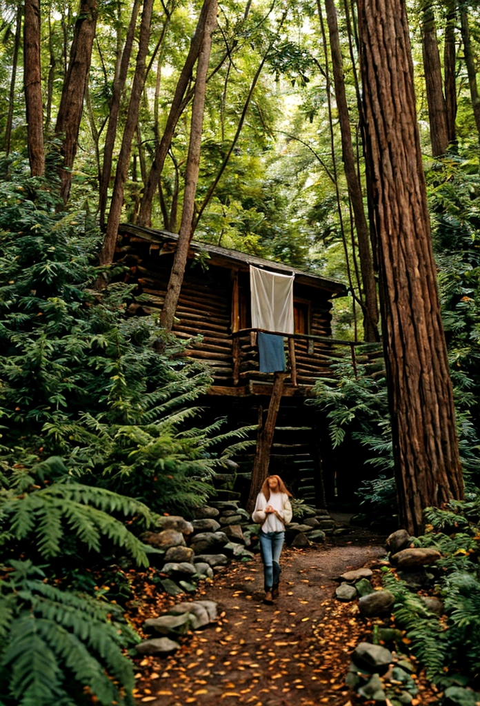 A Young Extremely Beautiful 22 year old white woman with brown hair and extremely beautiful blue eyes,living in a rustic cabin in the woods of Vermont, as she embarks on a journey of self-discovery and exploration.Realistic, with an emphasis on natural beauty and tranquility. The artwork should capture the serene and reflective mood of the subject amidst the lush greenery of Vermont.The dense, verdant forests of Vermont. Tall trees with a mix of green and autumn-colored leaves create a canopy overhead. The forest floor is carpeted with ferns, wildflowers, and a soft layer of fallen leaves. A narrow path winds through the woods, leading to a cozy, rustic cabin nestled among the trees.The young woman, captured in a moment of thoughtful exploration. She is standing or walking along the path, looking around with a sense of wonder and curiosity. A 22-year-old woman with dirty blonde hair, flowing naturally. She has a casual, yet practical outfit suited for exploring the woods—perhaps jeans, a comfortable sweater, and sturdy boots. Her expression is one of contemplation and serene happiness.Soft, natural lighting filters through the trees, casting dappled shadows on the ground. The sunlight creates a warm, golden glow that highlights the natural beauty of the setting and adds a magical quality to the scene.In the background, subtle details like birds perched on branches, a deer peeking through the trees, or a stream flowing nearby add to the richness and tranquility of the scene.The artwork should convey a sense of peace, introspection, and the simple joys of being in nature. The woman’s journey is both physical and metaphorical, representing new beginnings and personal growth.The atmosphere is calm and inviting, encouraging the viewer to pause and appreciate the beauty and serenity of the natural world.The woman is the focal point, placed slightly off-center to allow the viewer's eye to explore the surrounding details of the forest.