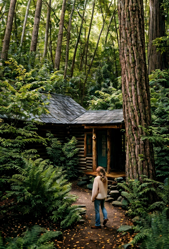 A Young Extremely Beautiful 22 year old white woman with brown hair and extremely beautiful blue eyes,living in a rustic cabin in the woods of Vermont, as she embarks on a journey of self-discovery and exploration.Realistic, with an emphasis on natural beauty and tranquility. The artwork should capture the serene and reflective mood of the subject amidst the lush greenery of Vermont.The dense, verdant forests of Vermont. Tall trees with a mix of green and autumn-colored leaves create a canopy overhead. The forest floor is carpeted with ferns, wildflowers, and a soft layer of fallen leaves. A narrow path winds through the woods, leading to a cozy, rustic cabin nestled among the trees.The young woman, captured in a moment of thoughtful exploration. She is standing or walking along the path, looking around with a sense of wonder and curiosity. A 22-year-old woman with dirty blonde hair, flowing naturally. She has a casual, yet practical outfit suited for exploring the woods—perhaps jeans, a comfortable sweater, and sturdy boots. Her expression is one of contemplation and serene happiness.Soft, natural lighting filters through the trees, casting dappled shadows on the ground. The sunlight creates a warm, golden glow that highlights the natural beauty of the setting and adds a magical quality to the scene.In the background, subtle details like birds perched on branches, a deer peeking through the trees, or a stream flowing nearby add to the richness and tranquility of the scene.The artwork should convey a sense of peace, introspection, and the simple joys of being in nature. The woman’s journey is both physical and metaphorical, representing new beginnings and personal growth.The atmosphere is calm and inviting, encouraging the viewer to pause and appreciate the beauty and serenity of the natural world.The woman is the focal point, placed slightly off-center to allow the viewer's eye to explore the surrounding details of the forest.