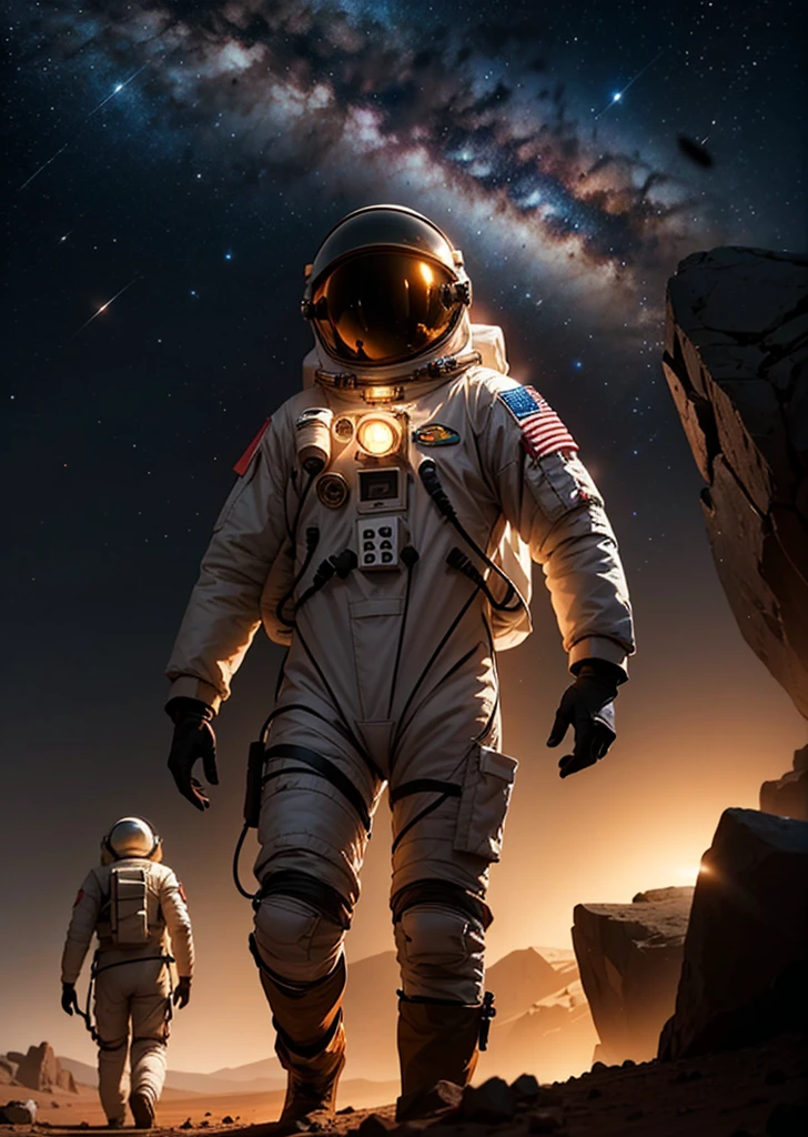 Create a painting depicting three astronauts walking at night on Mars. The scene should have a rocky terrain, with the Martian landscape illuminated by the dim light of distant stars and the astronauts' headlamps. The sky is dark and filled with stars, and the reddish hue of Mars' surface contrasts with the cold, dark night. The astronauts' suits should have reflective details that catch the light, adding a sense of realism and depth to the scene