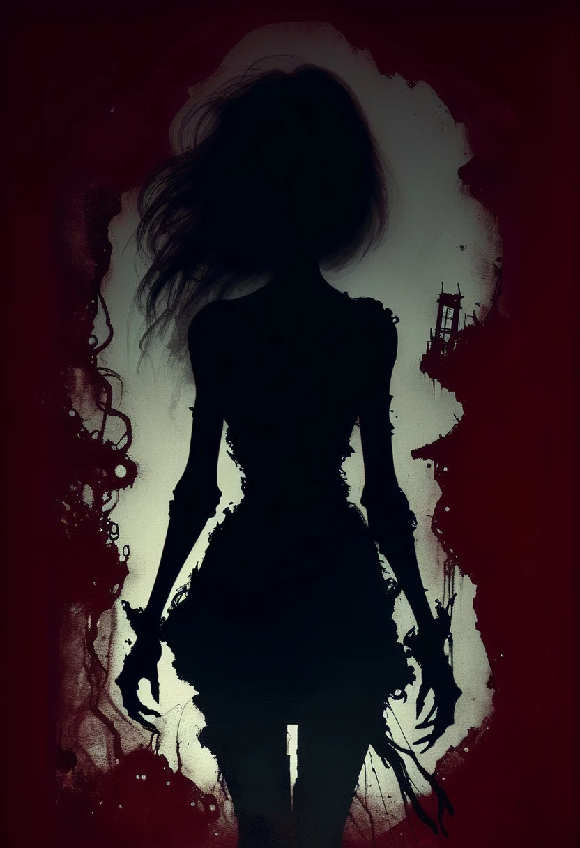 Ashley Wood style, dark scarlet background, Chemiluminescence. Silhouette of a beautiful woman. Drama, evil rock, retro romanticism. (minimalism: 1), ray tracing details...Stephen Gammell style - Iai in Stephen Gammell style