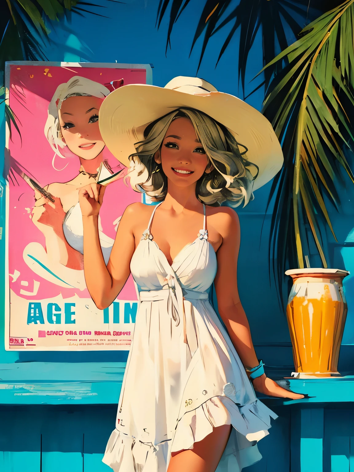 old retro poster, Caribbean seaside, Neon, photo shoot, 1 ultra hot gorgeous woman. Age 23. Smile. Happy. short white wavy hair, expressive breasts, in a white sundress with a pattern of flowers on fabric, fashionista, 80s, hd