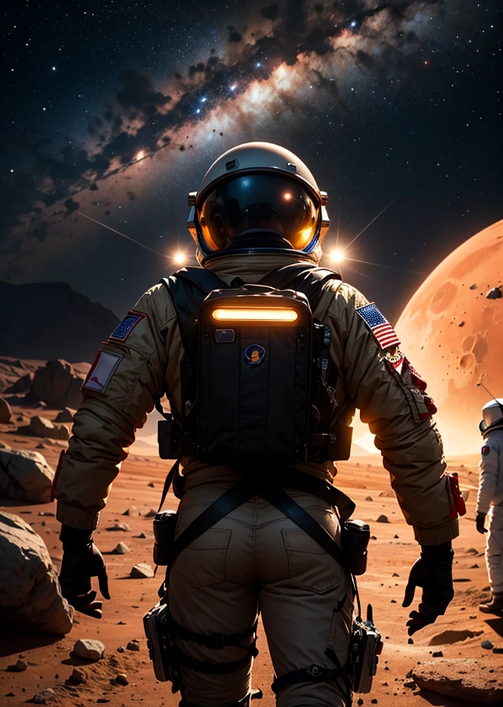 Create a painting depicting three astronauts walking at night on Mars. The scene should have a rocky terrain, with the Martian landscape illuminated by the dim light of distant stars and the astronauts' headlamps. The sky is dark and filled with stars, and the reddish hue of Mars' surface contrasts with the cold, dark night. The astronauts' suits should have reflective details that catch the light, adding a sense of realism and depth to the scene