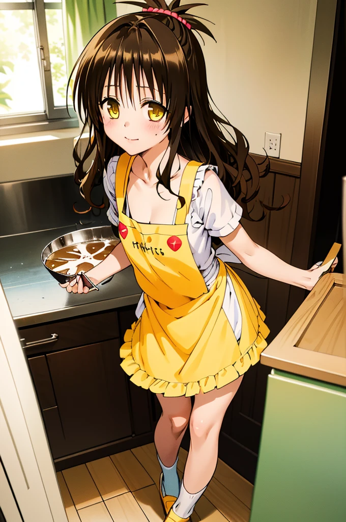 (best quality:1.1), (masterpiece:1.4), (absurdres:1.0),
1girl, yuuki mikan, brown hair, yellow eyes, hair ornaments, long hair, topknot, wavy hair, small breasts, apron, looking at viewer, kitchen, indoors, happy,,miniskirt,socks,((nsfw))