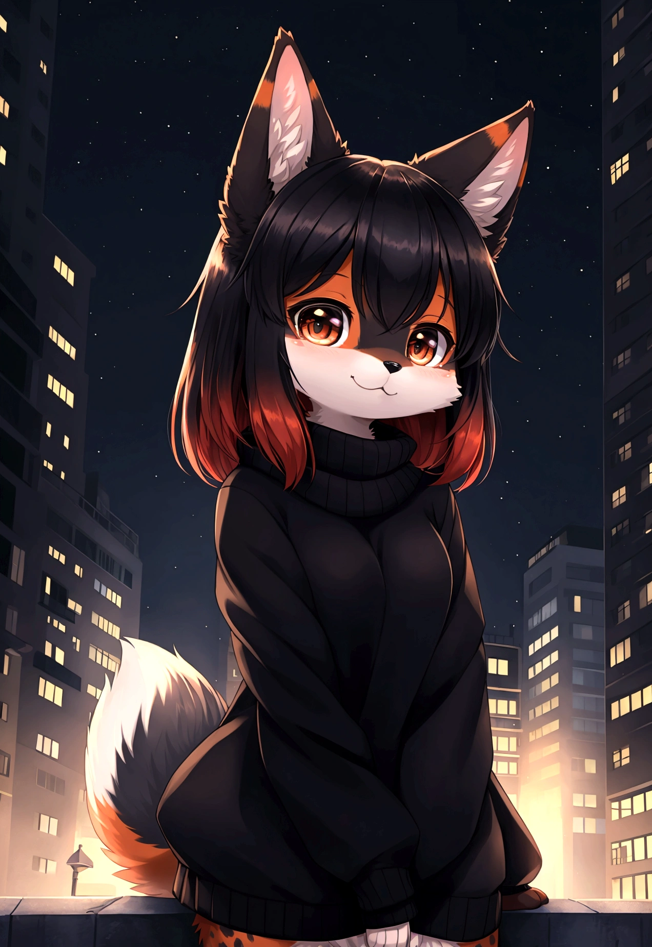 best quality, kemono, anime, female, furry, anthro, full body, solo, fox, two tone body, (masterpiece), beautiful, highly detailed, 8k uhd, intricate details, best quality, HD, 1girl, furry, fluffy, anthro, black face fur with red spots, (cute, adorable face:1.3), {black fur|red fur}, two tone fur, dual tone fur, black sweater, night, blurry night city background, fov, upper body