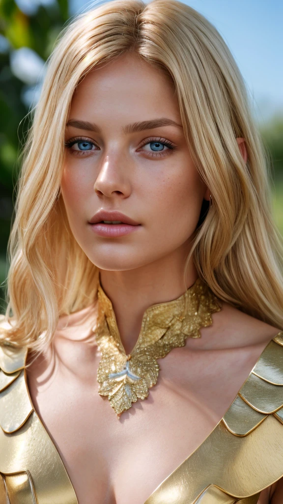 angel, armor gold (masterpiece, best quality, high resolution:1.4), 1girl, angel, skin pores texture, Hair blonde, HD , Photography, movie, cinematic, full Body, Realistic, (8k, RAW photo, best quality, masterpiece:1.2), (realistic, photo-realistic:1.33), best quality, detailed eyes blue, cute,natural lighting, depth of field, film grain, wrinkled skin, sharp, detailed and realistic portrait of a woman ,(freckles:0.5)