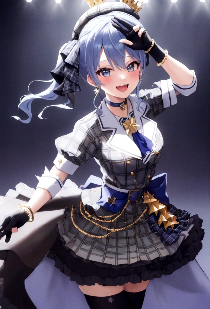 masterpiece, best quality, absurdres, perfect anatomy, SuiseiBase, plaid beret, crown, blue star choker, star earrings, blue ascot, plaid jacket, plaid skirt, layered skirt, partially fingerless gloves, star bracelet, uneven legwear, thigh strap, on stage, spotlights, hands on hips, smile, :d, blush,