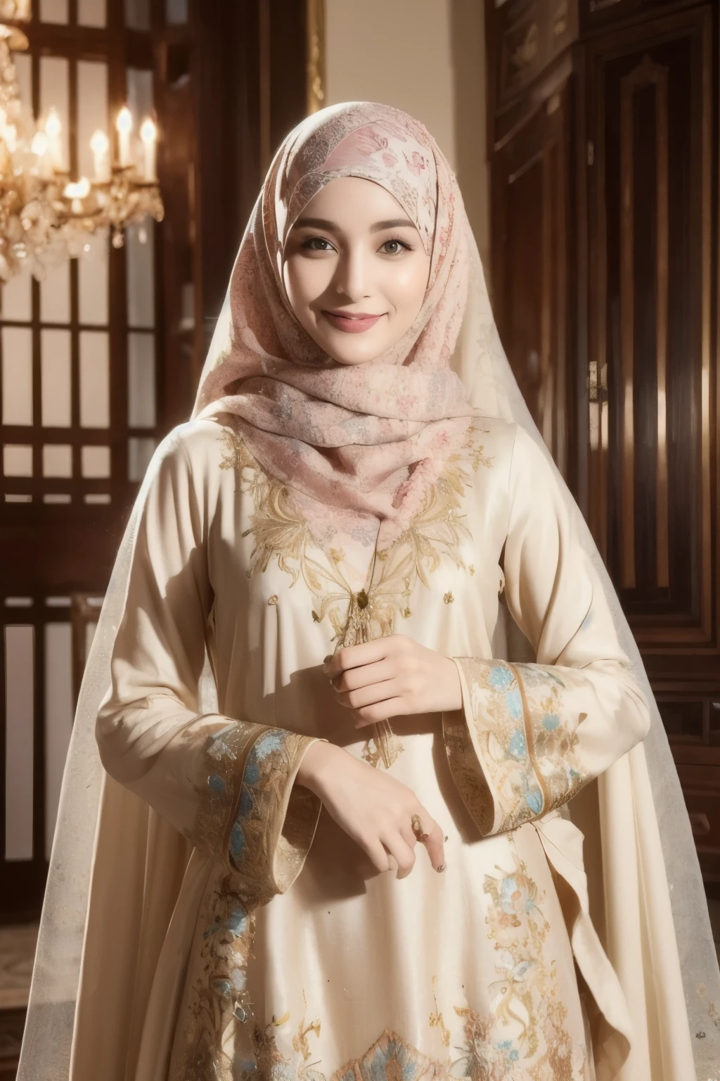 RAW photo of a 24 year old girl wearing hijab, satin abaya, satin, hijab face portrait, neutral background, 8k uhd, dslr, soft lighting, high quality, film grain, Fujifilm XT3, covered dress, decent dress, big tits:1.5